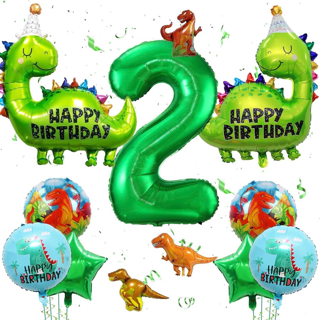 Dinosaur Birthday Decorations - 2nd Party Decorations with Number 2 Dino Shaped Balloons, Round Aluminium Foil Balloons for 2 Years Old Boys Jungle Theme Party Supplies