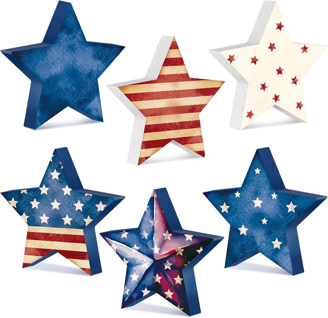6 Pcs 4th of July Wooden Stars Signs Star Tiered Tray Decor Red Blue White Wood Star Shape Table Blocks for Party Home Office Table Shelf Decor for Independence Day(Patriotic Style)