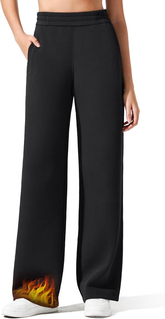 G4Free Flurrylux Cotton Fleece Lined Sweatpants Women Elastic Waist Wide Leg Lounge Pants Warm Winter (Medium, Black)