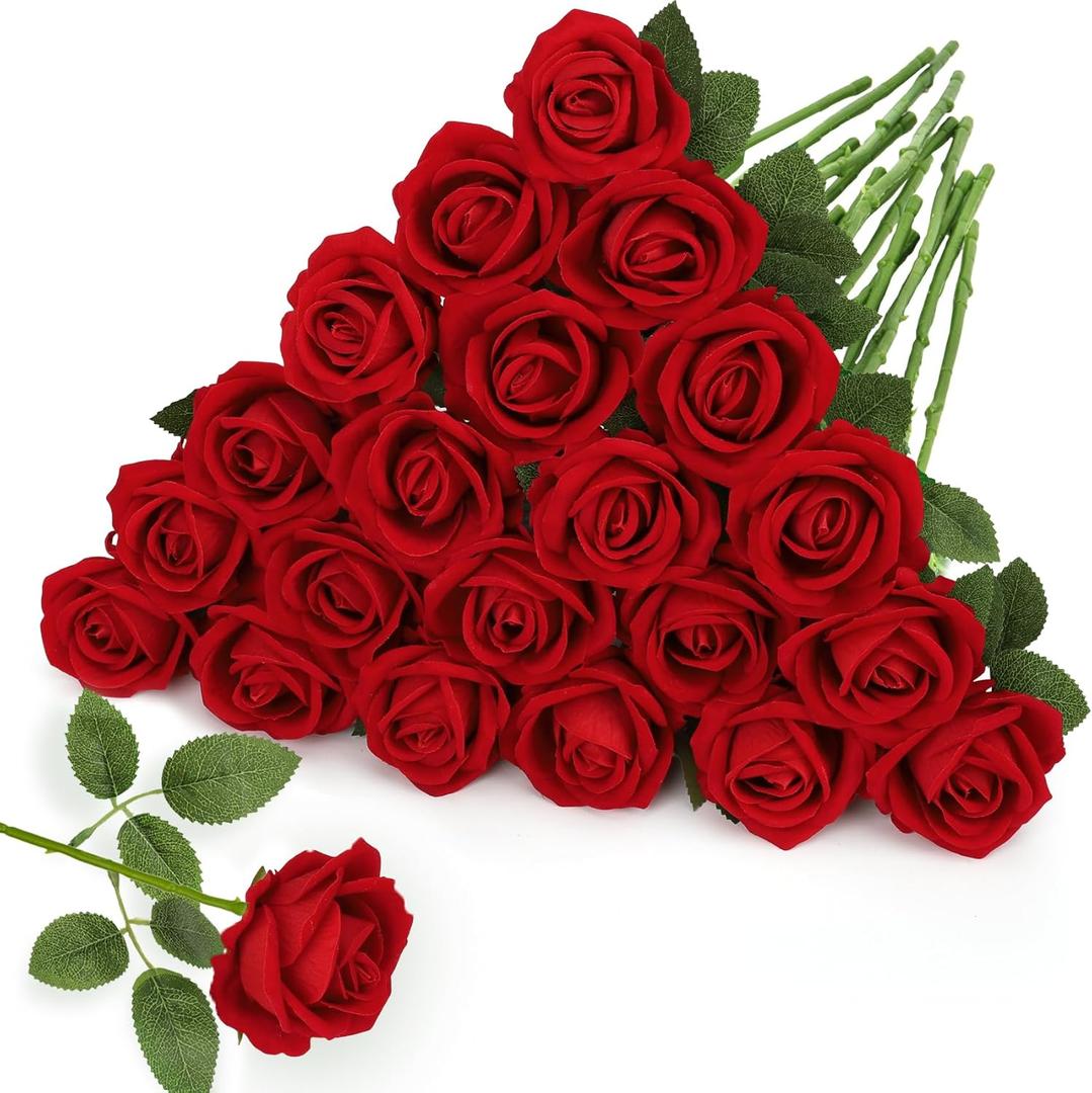 Roberly 20 Pcs Artificial Red Roses Flowers, Valentines Decorations Lifelike Silk Velvet Fake Roses with Stems for Wedding Engagement Party DIY Bouquets Arrangements Romantic Home Decor Gifts