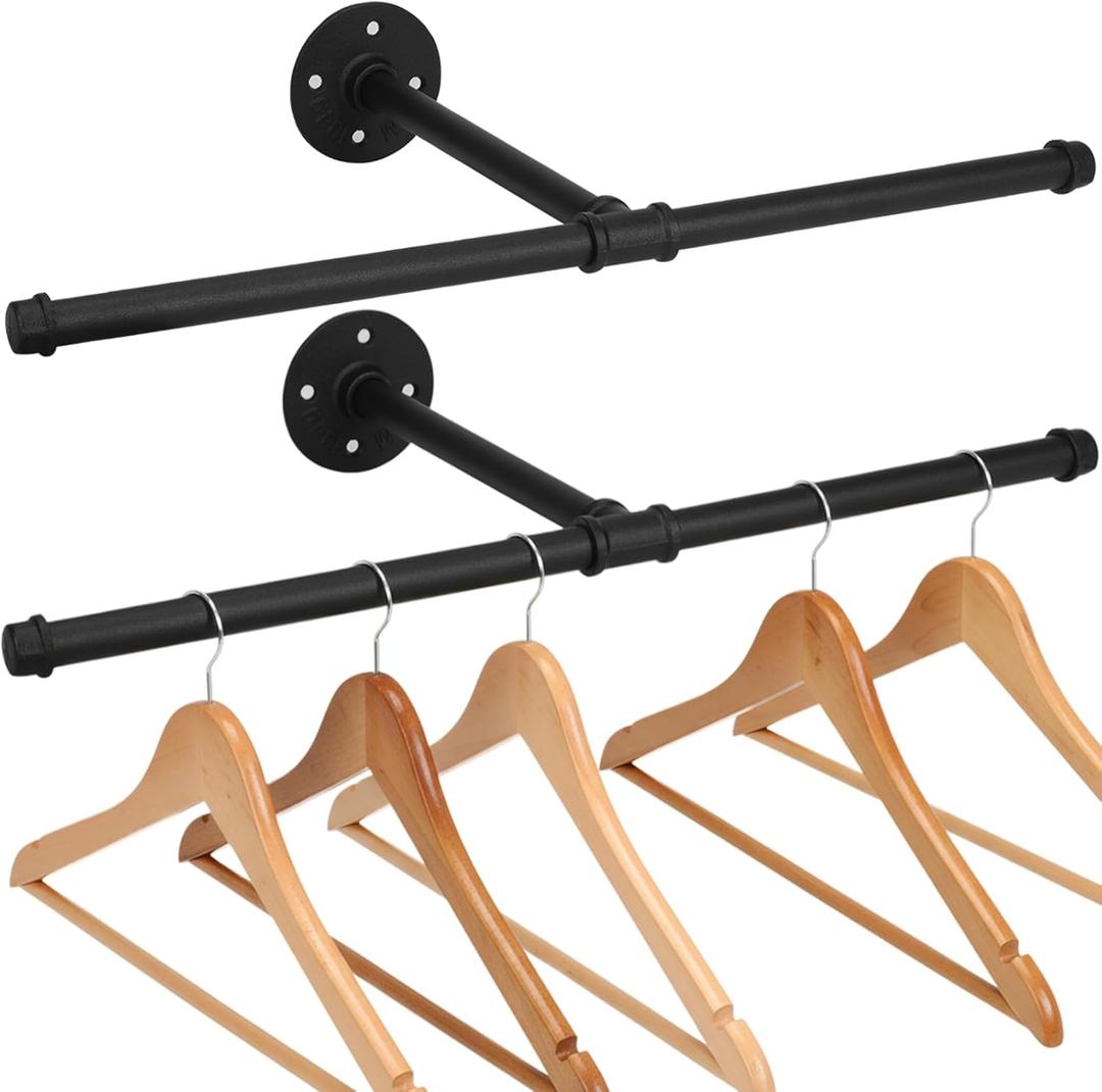 Cast Iron Wall Mounted Clothes Rack, T Shaped Industrial Pipe Clothing Bar for Hanging Clothes, Garment Racks for Closet Organizers, Heavy Duty Hanger Pole Closet Rod 21 Inch (Black, 2 Pack)
