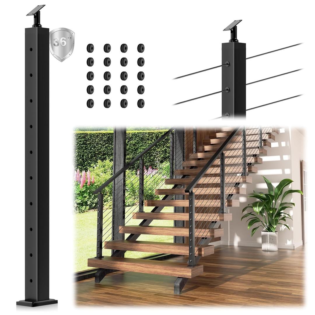 36" Stair Cable Railing Post for 28-38 Degrees Stairway, Matte Black Surface Mount Stair Deck Handrail Post System, Heavy-Duty Stainless Steel T304 Wire Railing Post for Stairs Indoor Outdoor