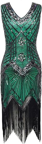 BABEYOND Women's Flapper Dresses 1920s V Neck Beaded Fringed Great Gatsby Dress (Large, Gold)