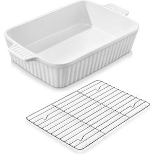 MALACASA 4.4 QT Baking Dish with Rack, 9x13 Large Casserole Dish for Oven, Ceramic Baking Pan with Rack, Rectangular Lasagna Pan Deep with Handles for Baking, Durable Microwave Oven Safe, White