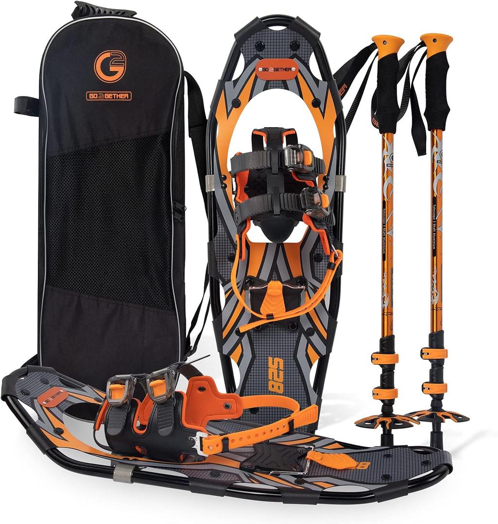 G2 21/25/30/36 Inches Light Weight Snowshoes with Toe Box, EVA Padded Ratchet Binding, Heel Lift, Flexible Pivot Bar, Durable Back Strap, Trekking Poles, Carrying Bag, Snow Baskets (Orange)