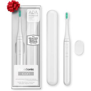 Aquasonic Icon ADA-Accepted Rechargeable Toothbrush | Magnetic Holder & Slim Travel Case | 2 Brushing Modes & Smart Timers | Gentle Micro-Vibrations (Pearl)
