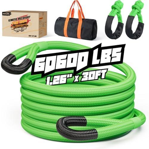 Kinetic Recovery Rope,1.26" x30ft Heavy Duty Offroad Tow Rope/60600 lbs Snatch Strap with Soft Shackles, 100% Nylon Offroad Towing Straps Kit for Truck ATV UTV SUV Jeep Car Tractor - Green