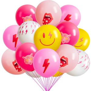 50Pcs Preppy Y2k Hot Pink Party Balloons Smile Face Lightning 12inch Latex Balloon with Ribbon Retro Decoration Supplies for Teen Girls Birthday Bachelorette Early 2000s Theme Party