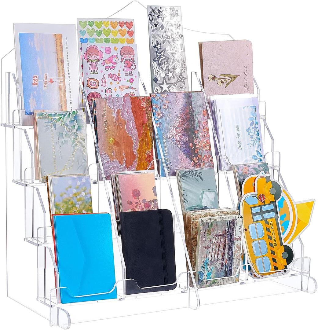 Acrylic Card Display Stand 4 Tier 16 Pockets Clear Display Sticker Holder Display for Vendor Events Acrylic Organizer Shelf for Greeting Cards Postcards Stickers Brochures