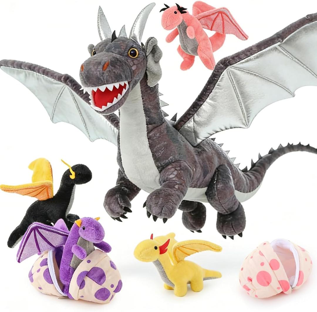 MaoGoLan 7 Pcs Dragon Plush Toy Set, 22 inch Large Dragon Stuffed Animal with 4 Babies & 2 Eggs in Mom's Belly, Dinosaur Plush for Boy Girl Birthday Gift Easter Baby Shower Party Decor, Gray