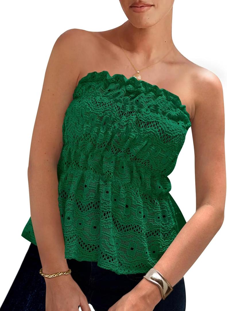 PRETTYGARDEN Women's Boho Tube Tops 2025 Summer Strapless Off Shoulder Eyelet Smocked Peplum Trendy Going Out Bandeau Top (Green, S)