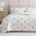 2 x Martha Stewart - Twin Quilt Set, 100% Cotton Reversible Bedding Set, Incredibly Soft Feel for Year Round Comfort, 2 Piece Bed Set with Matching Pillowcase (Flower Block Print Blue)