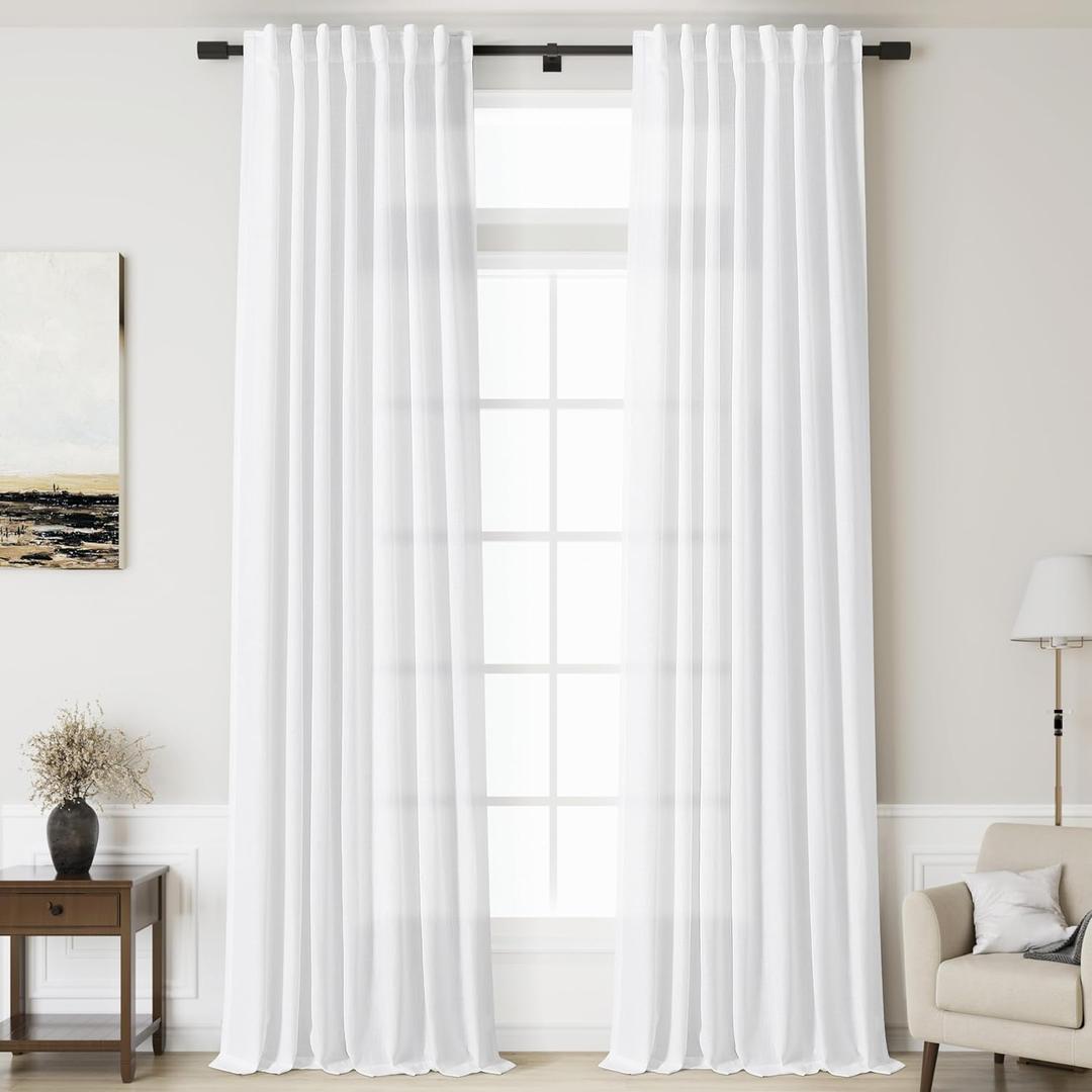 Nanspring White Linen Curtains for Living Room Extra Long Back Tab Curtains 2 Panels Set 204 Inches Long Farmhouse Light Filtering Semi Sheer Linen Drapes Ceiling to Floor for Large Window 52x204