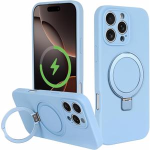with Magnetic Invisible Stand Phone Case for iPhone 16 Pro Max 6.9 inches, Silicone Compatible with Magsafe Military Grade Full Camera Protection Phone Covers for Women Men(Light Blue)