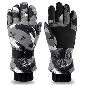 Cutiland Valentines Gifts for Kids Skiing Gloves, Grey Valentine’s Day Ski Glove for Boys Children Winter Snow Gloves 9-15 Years, Waterproof Winter Glove for Cold Weather Outdoor Activities Skiing