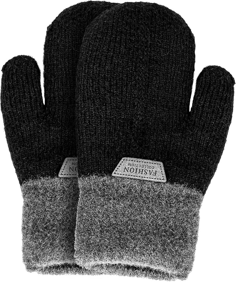 FGSS Kids Winter Stretch Knitted Mittens - Thick Warm Gloves for Boys Girls 4-7 Yrs (Black)