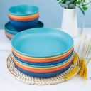 LIYH 32 Pcs Wheat Straw Dinnerware Sets - Plastic Plates and Bowls Set,Reusable Plastic Plates,Dishes Set for 8,Unbreakable & Dishwasher Dinnerware Stes,Thanksgiving Halloween Fall Decor (Yellow Orange Blue Nave Blue)