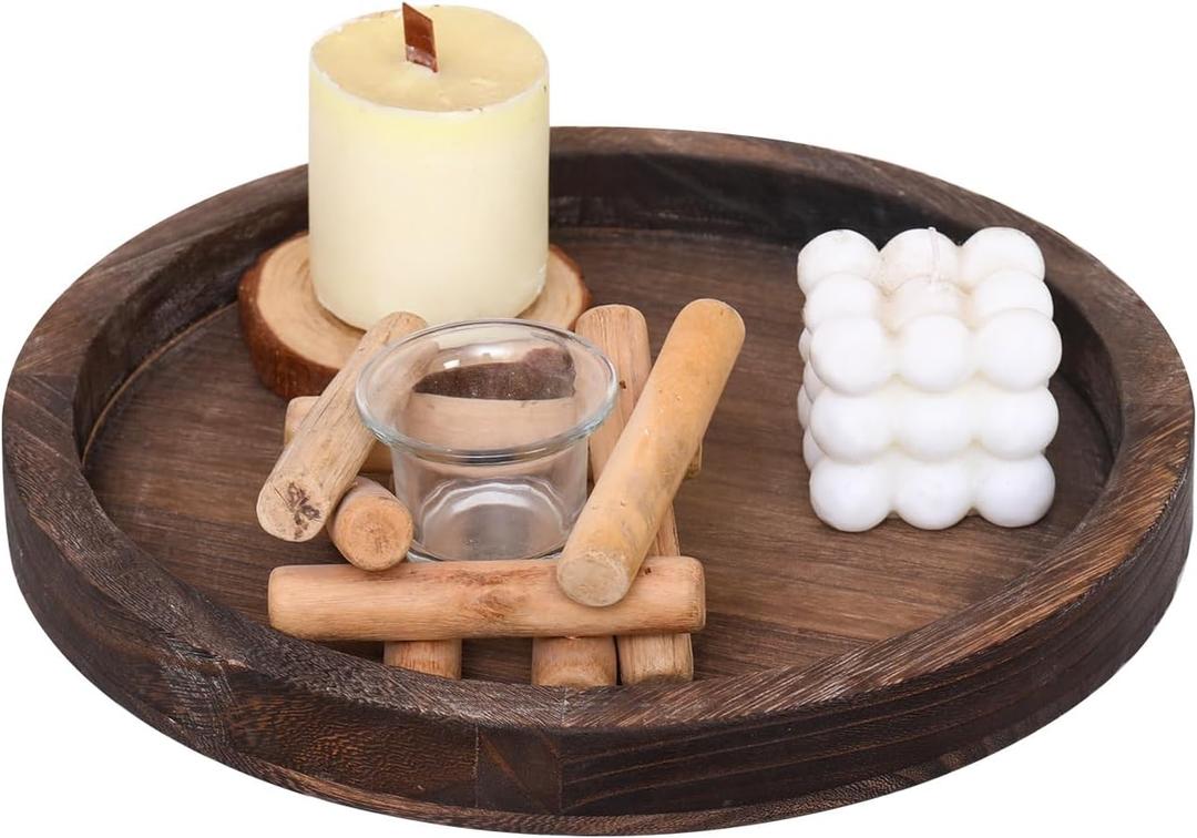 Rustic Wooden Serving Tray  Handcrafted Round Farmhouse Tray, Lightweight Paulownia Wood Decorative Tray for Coffee Table, Candle Holder, Breakfast in Bed, and Multi-Purpose Home Decor (Round-brown Distressed)