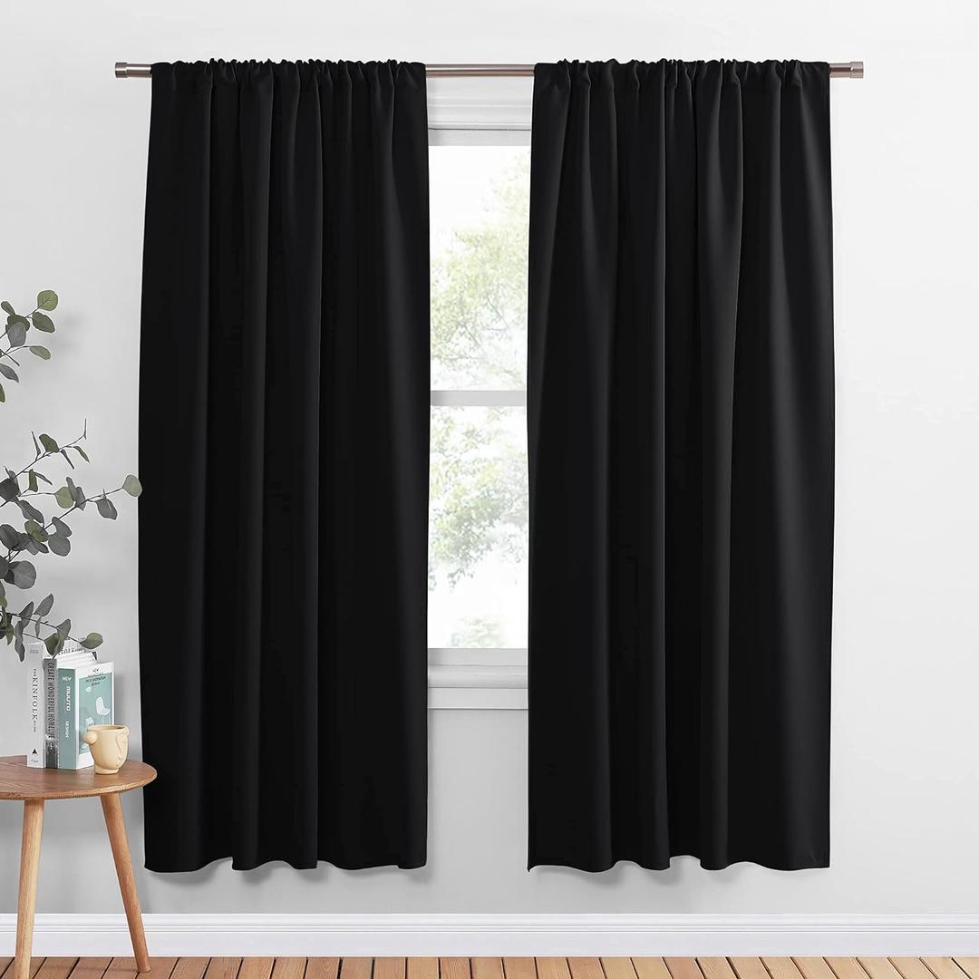 PONY DANCE Blackout Curtains for Bedroom 72 inch Long - Solid Rod Pocket Thermal Insulated Panels for Living Room, Black Out Energy Efficient Window Drapes, 42-inch by 72-inch, Black, 2 Pieces