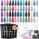 JEWHITENY 28 Colors Poly Nail Gel Kit with Base Top Coat Purple Blue Yellow Nude Pink Glitter Shades Quick-Dry for Beginners DIY Need U V Lamp Curing
