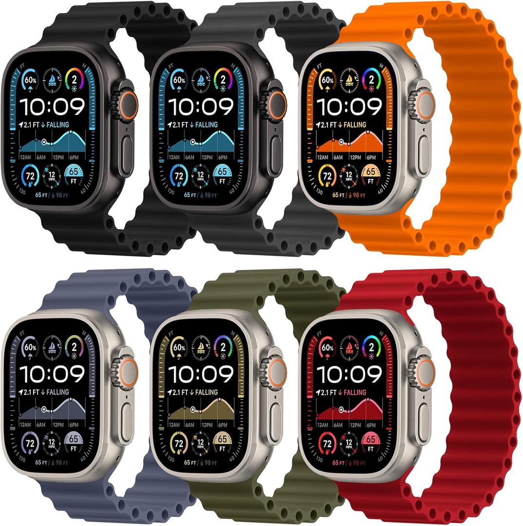 6 Pack Silicone Ocean Solo Loop Bands Compatible with Apple Watch Ultra 3/2/1 49mm 46mm 45mm 44mm 42mm, Soft Stretchy Sport Replacement Wristband for iWatch Series 11 10 9 8 7 6 5 4 3 SE (Black/Dark Gray/Orange/Blue Gray/Army Green/Red)
