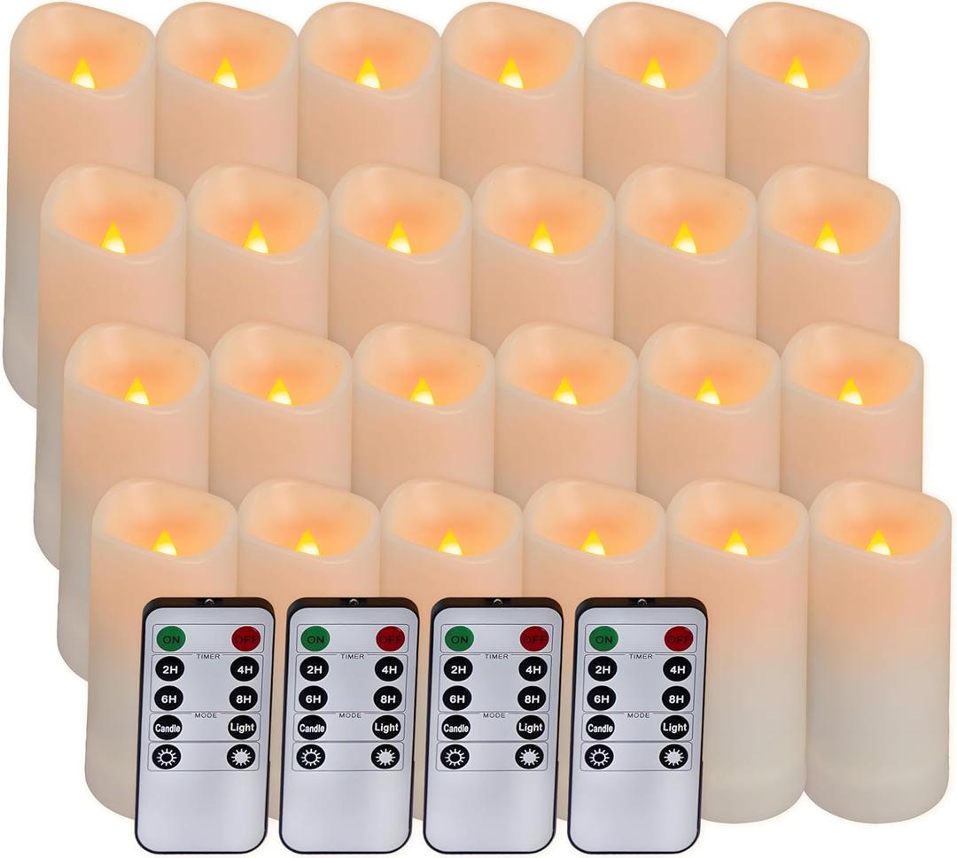Aignis 24pcs Flameless LED Candles Battery Operated with 10-Key Remote Timer, Outdoor Waterproof Electric Lights, Warm Flickering Glow for Cozy Home/Wedding/Holiday Dcor (D2.2'' x H4''/5''/6''/7'')