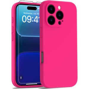 Goodon Designed for iPhone 16 Pro Case with Screen Protector - Enhanced Camera Cover - Soft Microfiber Lining - Liquid Silicone Shockproof Protective Phone Cover for Women and Girls - Hot Pink