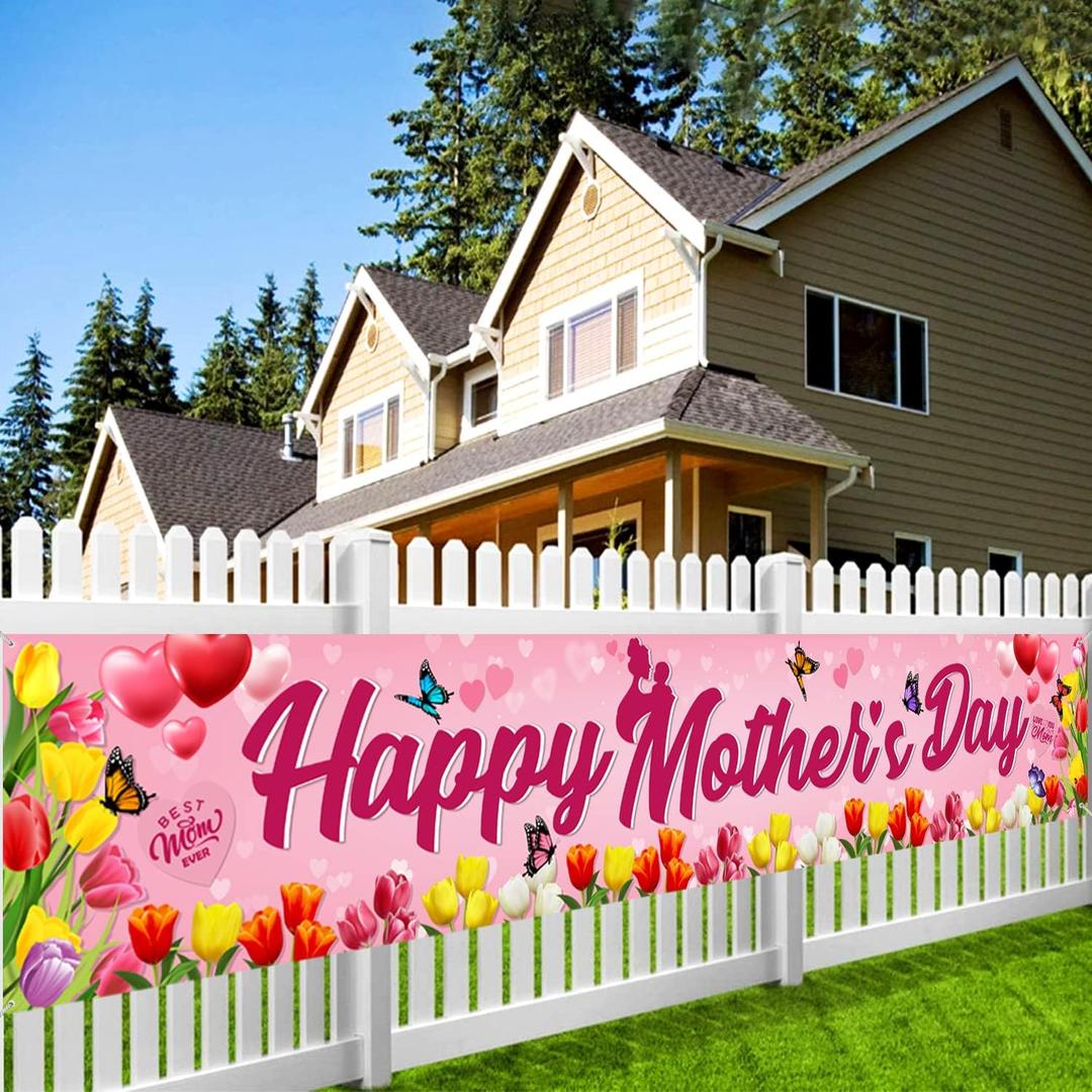 Happy Mothers Day Yard Sign, Large 9.8x1.6Ft Mothers Day Yard Decorations, Pink Mothers Day Decorations Outdoor, Happy Mothers Day Decor for Outdoor Indoor Front Door Fence Supplies tineit