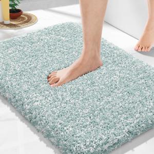 Yimobra Bathroom Rugs Non Slip Washable 24x17, Ultra Soft and Water Absorbent Bath Mats, Plush Fluffy Shower Mat Outside, Microfiber Thick Matts for Bathroom Floor/Sink, Sky Light Blue and White
