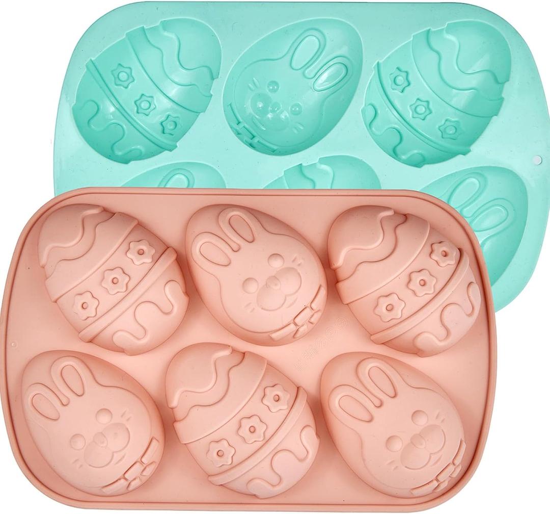 Easter Egg Molds Silicone 2 Pack Jumbo Easter Chocolate Molds Silicone Bunny Egg Shaped Muffin Cupcake Pan Non-stick Half Egg Shaped Moulds for Easter Breakable Chocolate, Easter Baking