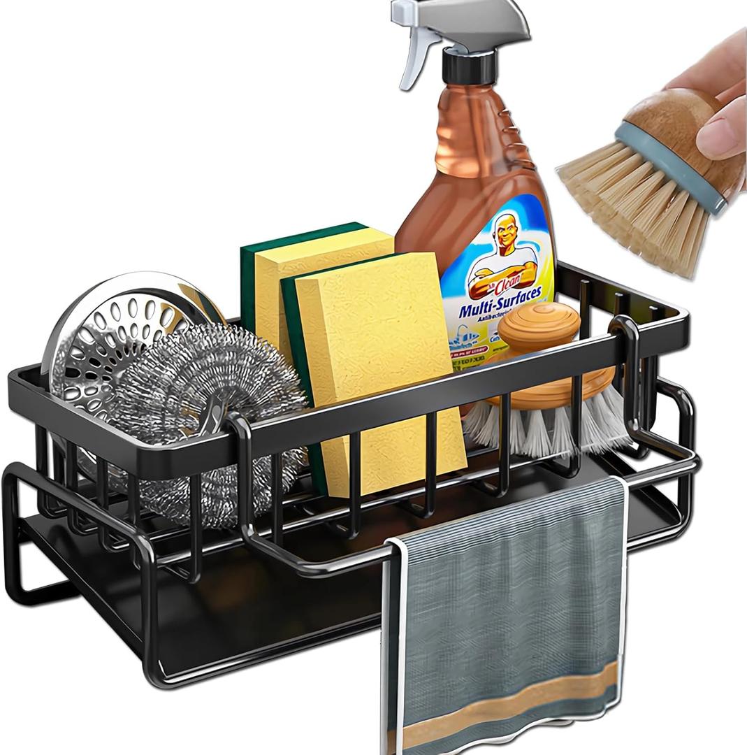 Kitchen Sink Organizer Caddy, Stainless Steel Sink Sponge Holder 30°Tilt Self-Drainage,Sponge Rack with Dish Brush Holder,Soap Dispenser for Kitchen Countertop Storage,9.1x4.1x3.5 Inch