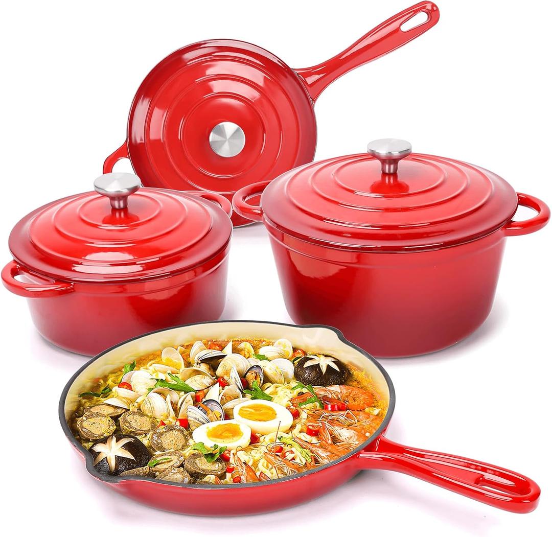 Hisencn Enameled Cast Iron Cookware Set - 7 Piece Dutch Ovens Set, Sauce Pan, Skillet, 3 Lids, Pots and Pans Set, Ceramic Coated Cast Iron, Heavy Duty, Gas/Induction Compatible, PFA Free, Rouge Red, Variety Pack