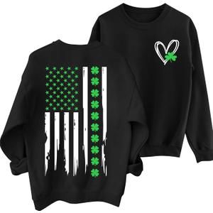 NEWWEN St. Patricks Day Sweatshirts for Women Irish Shamrock Shirt American Flag Clover Graphic Pullover Long Sleeve Tops (Large, Black-Heart)