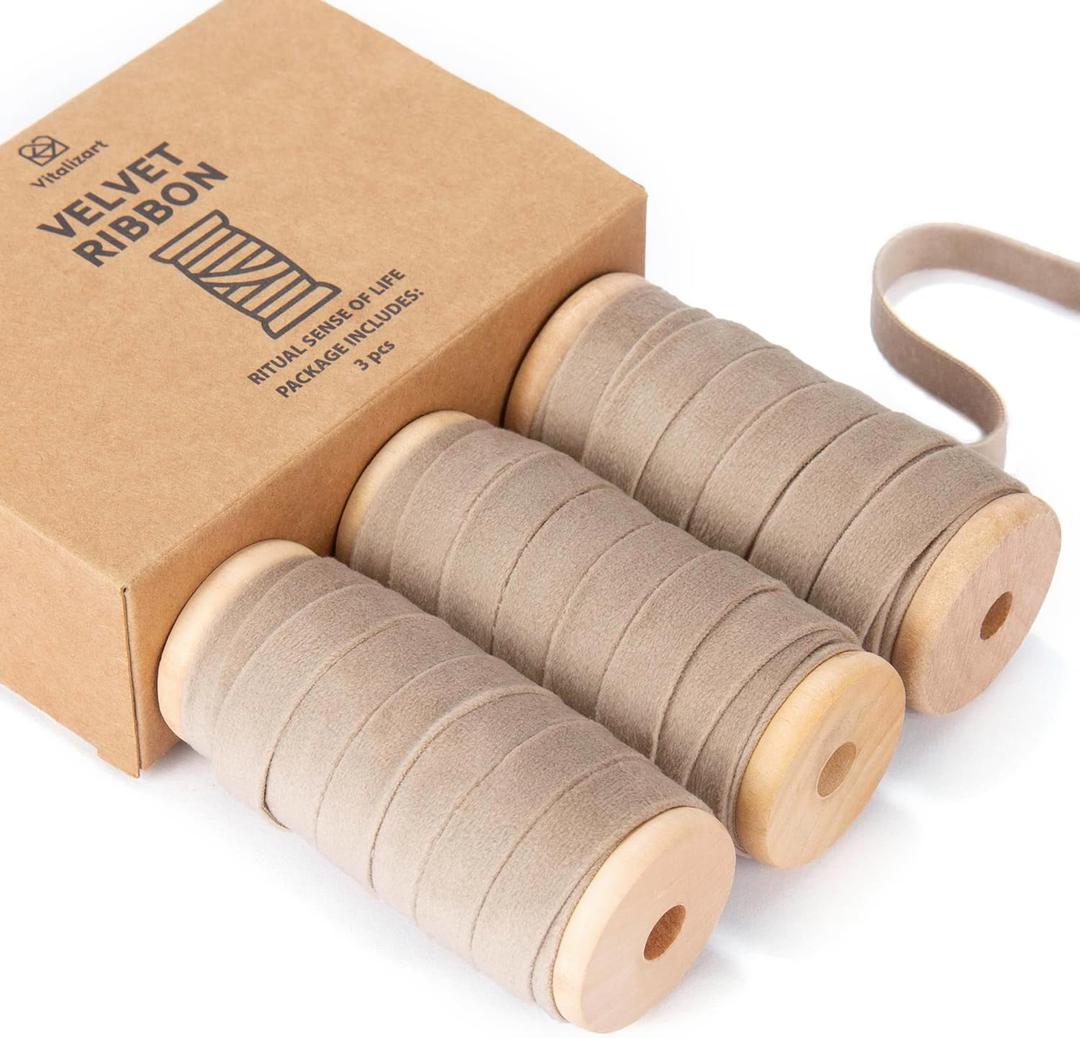 4 x Vitalizart Camel Velvet Ribbon Set 3/8"" x 15 Yd Wooden Spool Fabric Trim 3 Rolls * 5 Yd for Christmas Wreath Decoration Handmade Craft Ornaments Gift Wrapping & Bow Making
