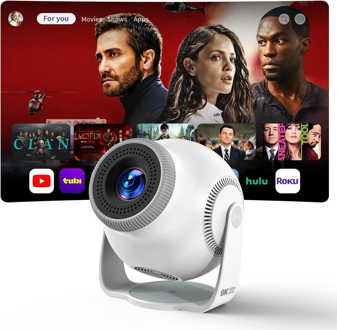 Smart Mini Projector with Android 14 OS, 1080P/4K/8K Video Decoding, WiFi 6 & Bluetooth 5.4, 270 Rotatable Stand, Auto Vertical Keystone, Portable Proyector for Bedroom & Home Entertainment(White)