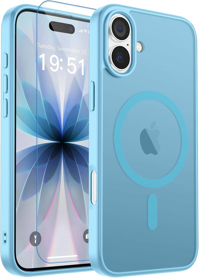 zapica Magnetic for iPhone 17 Case, with [Tempered Glass Screen Protector] [Compatible with MagSafe] Translucent Matte Shockproof Anti-Scratch Phone Cover, Light Blue