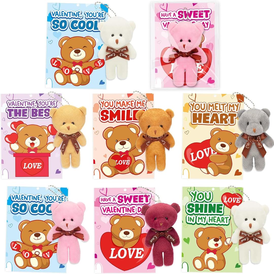 Valentines Day Cards for Kids School, 24 Packs Valentines Cards with Stuffed Mini Bear Toys, Perfect Plush Animal Key Chains for Valentines Party Favors, Ideal Exchange Gifts for Boys Girls Classroom