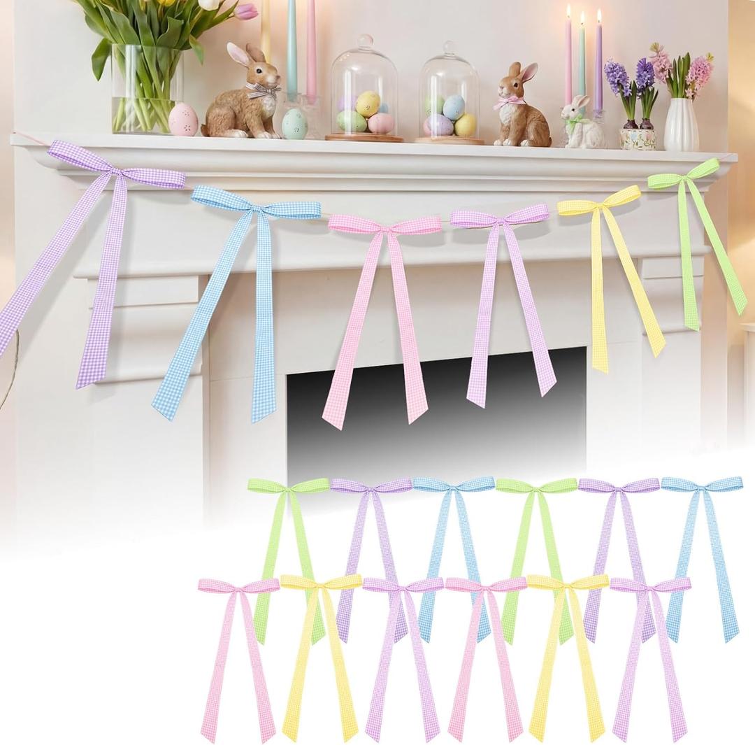 12 Pcs 24 Inch Pastel Ribbon Bows Large DIY Easter Spring Holiday Bow Garland Banner Crafts Decor for Wreath Basket Mantle Tree Topper Home Front Door Outdoor Fence Decor(Pastel Plaid)