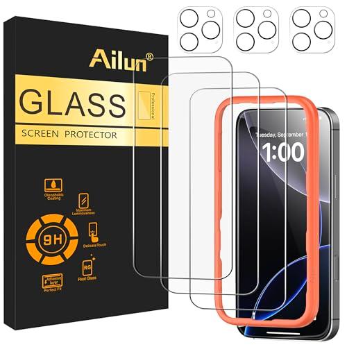 Ailun 3 Pack Screen Protector for iPhone 16 Pro Max [6.9 inch] + 3 Pack Camera Lens Protector with Installation Frame,Case Friendly Tempered Glass Film[9H Hardness][Not for iPhone 16e/16/16 Pro/Plus]