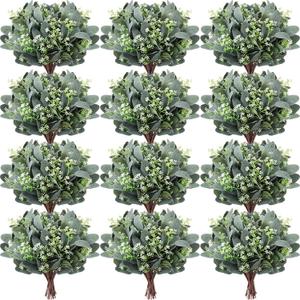 Janinka 100 Pcs Mixed Eucalyptus Leaves Stems Bulk Artificial Eucalyptus Leaves with White Seeds Artificial Silver Dollar Sprays Faux Oval for Floral Wreath Bouquets Wedding Greenery Decoration