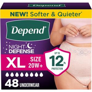 Depend Night Defense Adult Diapers, Incontinence & Postpartum Bladder Leak Underwear for Women, Disposable, Overnight, XL, Blush, 48 Count (4 Packs of 12)