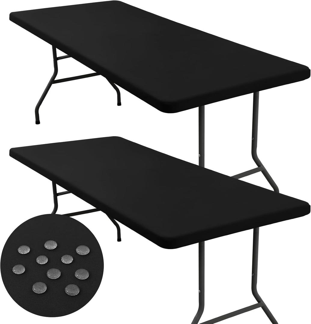 homing 2 Pack Rectangle Fully Waterproof Tablecloth, Elastic Fitted Fabric Table Cover for 8 Foot Tables, Washable Polyester Table Cloth for Picnic, Camping, Outdoor (Black, 30" x 96")