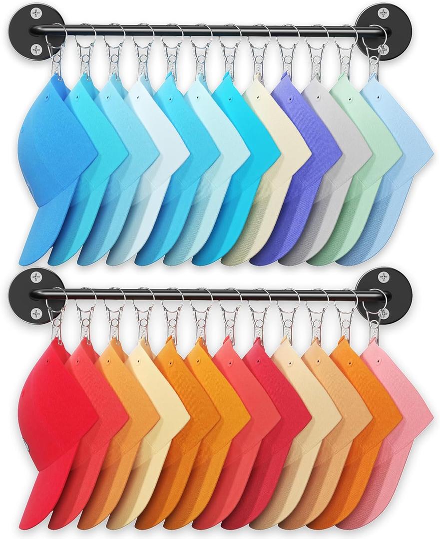 2 Pack Metal Organizer for Baseball Caps with 12 Large Clips, Wall-mounted Hat Rack Holds up to 24 Hats, Hats Hanger Holder for Closet Wall Storage, Fits All Caps Display-Black