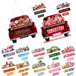 Menkxi 36 Pcs 2-in-1 Diamond Art Kits for Adults, Interchangeable Welcome Sign for Front Door, Seasonal Wood Truck DIY Hello Summer Fall Painting Decor for Farmhouse All Season, 12 Festivals(Red)