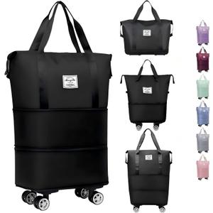 Luxhe Expandable Foldable Duffle Bag with Wheels | Detachable Rolling Wheels & Handle | Lightweight Carry on Luggage for Men & Women | Travel Bag Suitcases (Black)
