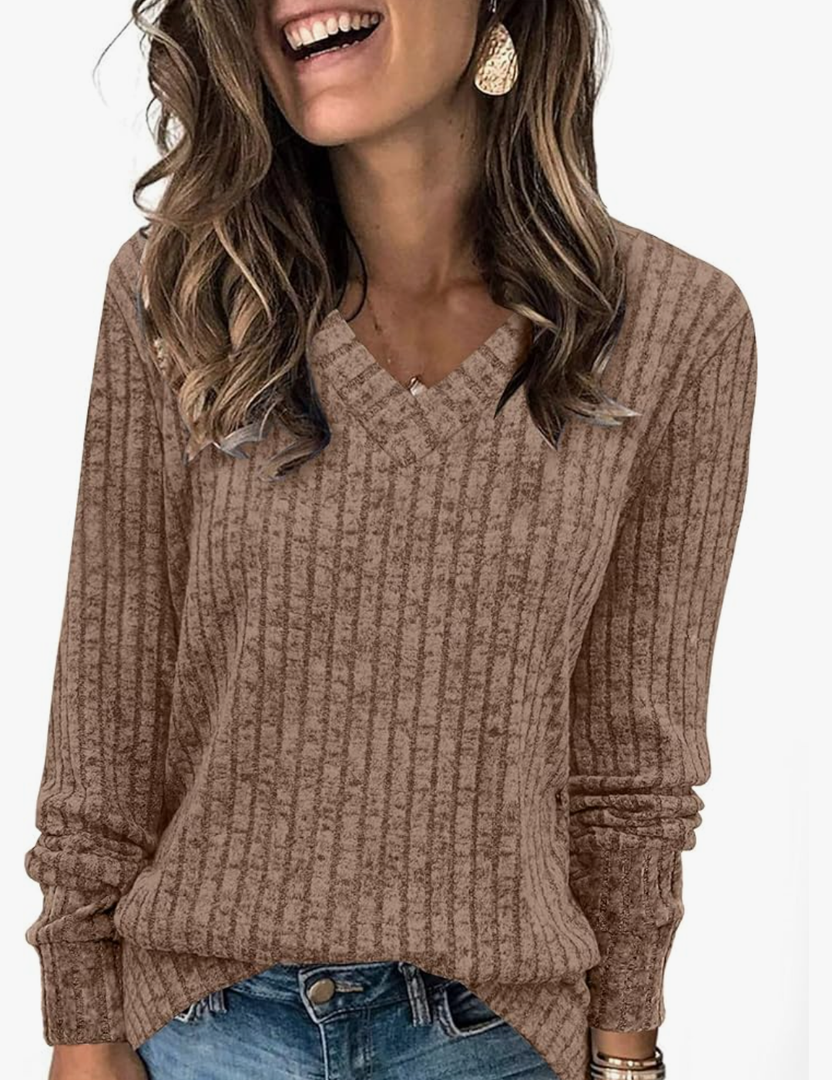 SAMPEEL V Neck Long Sleeve Shirts for Women Casual Fall Tops Lightweight Tunic Sweaters Fashion Clothes 2025 L