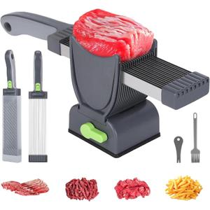 Fresh Meat Slicer, Thickness Adjustable 2 or 4 mm, 17 IN 1 Stainless Steel Cleaver Kitchen Knife For Slicing Shredding, Manual Meat Cutter Jerky Slicer for Beef Pork Salmon Jerky (Dark Gray)