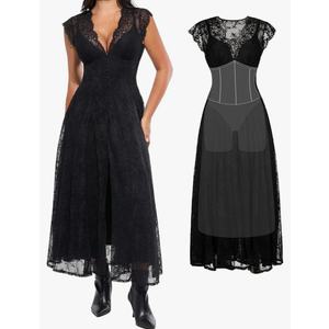 Popilush Women's Formal Wedding Guest Lace Sleeveless V Neck Maxi Shapewear Dress Evening Mother of Bride Split Dresses Size M