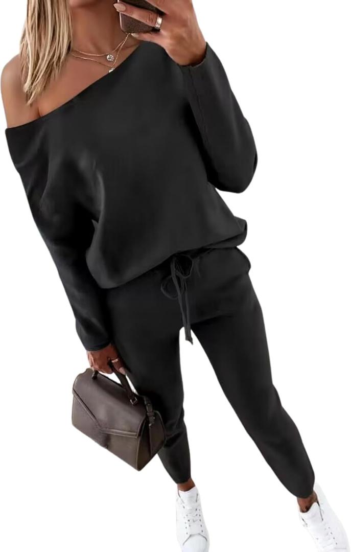 CHICME Women Tracksuit Fall 2 piece Outfits Off The Shoulder Long Sleeve Tops and Pants Set Travel Outfits (Black, L)