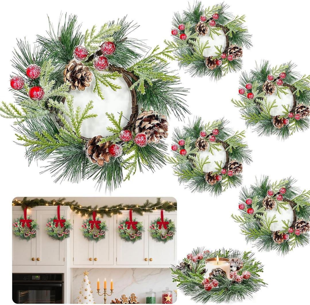 6 Pcs Mini Christmas Wreath for Cabinets Kitchen, 9 Inch Small Christmas Wreaths with Cypress Snowy Pinecone & Pine Branche Red Berry Christmas Candle Rings Wreaths for Cabinet Window Wall Table Decor